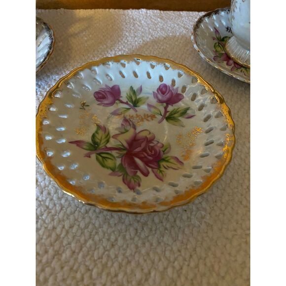 3 Manna Rose/Gold Lusterware Pedestal Cups with Reticulated Saucers - Picture 3 of 10